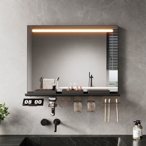 Sirhona – Miroir anti-buée lumineux 80x60cm – 3 couleurs d'éclairage – Étagère amovible – IP44 étanche – Installation facile (1/5)
