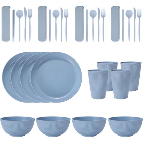 Service de table portable en paille de blé (bols, assiettes et tasses), couteau, fourchette, cuillère et baguettes portugaises. Ensemble de 36 pièces. (1/5)