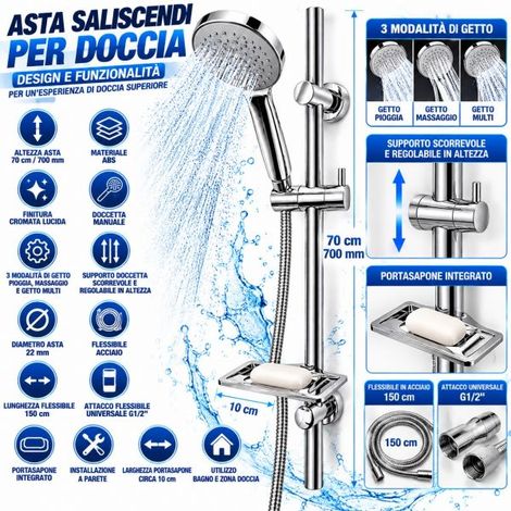 Asta Colonna Saliscendi Doccetta Soffione in ABS 3 Getti con Portasapone Cromato (1/5)