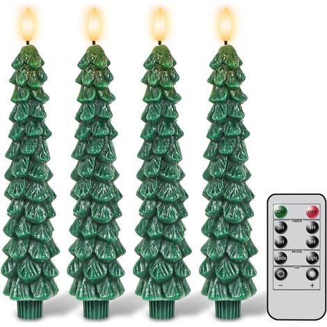 Bougies coniques sans flamme pour sapin de Noël avec minuterie à distance, bougies coniques LED de Noël avec flamme 3D, 4 bougeoirs LED verts pour décoration de Noël (20 x 24 cm)