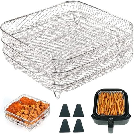 Grille pour friteuse à air, carrée 3 étages avec 4 pieds, support empilable en acier 304, plateau panier pour friteuse à air, accessoires pour friteuse, grille de cuisson pour Ninja Speedi 5,7L, Insta