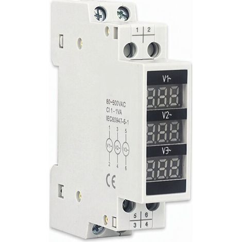 Voltímetro trifásico de 80500 V, montaje en carril DIN de 35 mm, voltímetro modular con pantalla digital de 3 LED, para uso doméstico. (1/5)