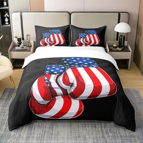 Boxe 100% Coton Housse de Couette 200x200cm Sports thème Parure de Lit Enfants Hommes Boxe Gants Motif Chic Literie Set Boxe Game Design Ensemble de lit Chambre à Coucher Collection - 200 x 200 cm + 2 (1/5)