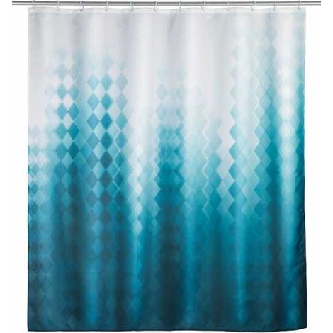 WENKO Tenda per doccia Tullin, 180 x 200 cm, tenda in 100% poliestere con occhielli in metallo e banda con peso in gomma per doccia e vasca, idrorepellente e lavabile, inclusi 12 anelli bianchi (1/2)