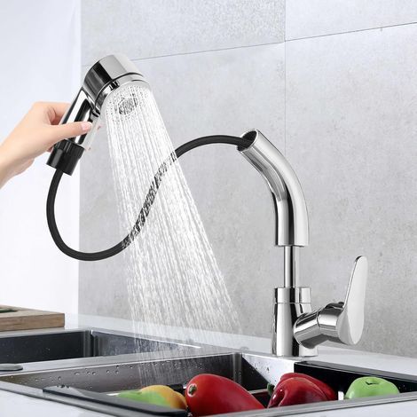 Küchenarmatur mit Ausziehbrause, 2 Strahlarten, 360° schwenkbarer Spültisch- oder Waschbeckenarmatur, Warm- und Kaltwasseranschluss, Silber (1/5)