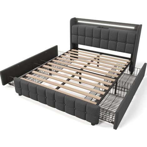 Cama con almacenaje tapizada gris 180x200 cm con LED, USB, enchufes y 4 cajones HOMVRA (1/5)