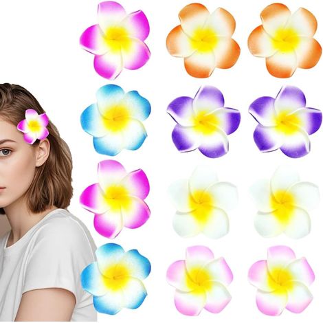 12 Pinces à Cheveux Fleur Plumeria Hawaïennes, 6 Couleurs (2 par Couleur) pour Plage, Vacances Tropicales, Fête, Accessoires Cheveux Bohèmes pour Femmes & Filles (1/5)