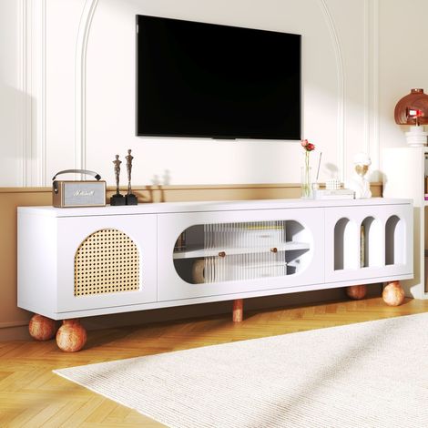 Meuble tv 160 cm avec portes effet rotin, vitre coulissante et pieds en bois massif, style naturel élégant (1/5)