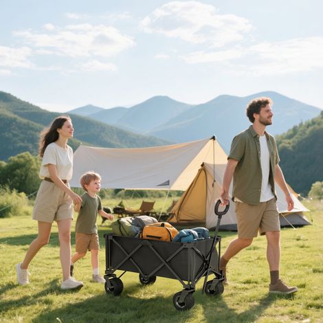 Chariot de jardin pliable avec grandes roues tout-terrain et poignée réglable, capacité de charge de 100 kg, idéal pour le camping et les courses, noir