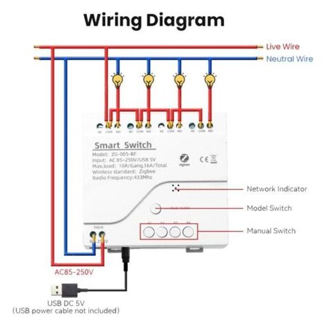 NALOOKAMIC  Module Commutation Intelligent Zigbee 4 Canaux RF433 Domotique Relais Sans Fil Commande Vocale