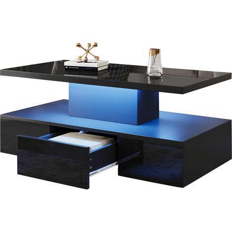Table basse rectangulaire LED noire avec 1 tiroir, étagère ouverte, télécommande 16 couleurs et 4 modes, finition brillante, 100 x 50 x 39 cm – CHICFURN (1/5)