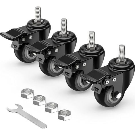 Roulettes Pivotantes M12 50mm   4 Pièces avec Frein, Tige Filetée, Charge Lourde jusqu’à 250kg, Lot de 4 Roulettes