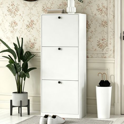 Meuble à Chaussures - 3 Abattants - Capacité 12 Paires - Scandinave Moderne - Entrée et Couloir - Blanc - 47 x 20 x 120 cm (1/5)