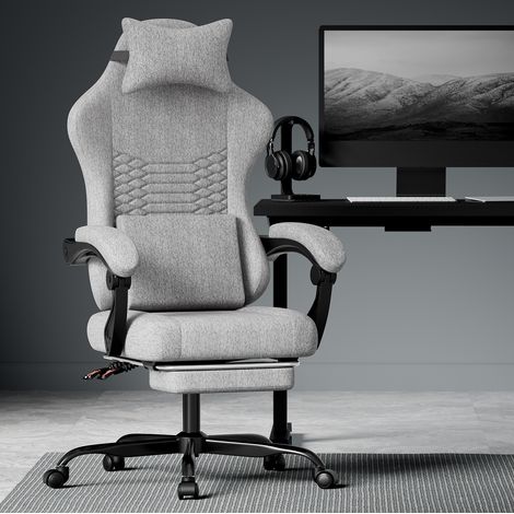 Silla gaming ergonómica 90x65x125-135 cm gris claro en tela con masaje, reposapiés y respaldo reclinable (1/3)