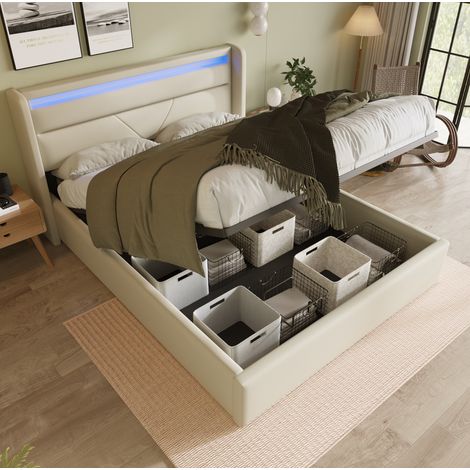 Cama 160x200 cm blanca tapizada en PU - canapé con LED y espacio de almacenaje (1/5)