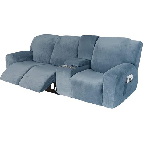 Soft stretch jacquard recliner chair cover with cup holder holes, machine washable furniture protector (3-seater, blue grey) (1/5)
