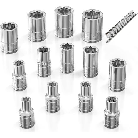 Juego de llaves de vasos 1/4" cortos 6 caras, de 4 a 14 mm en rail, 13 piezas