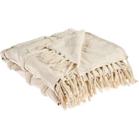 Blanket Beige Cotton 190 x 190 cm Big Blanket Bed Throw Tufted Pattern Boho Style CHACK (1/5)