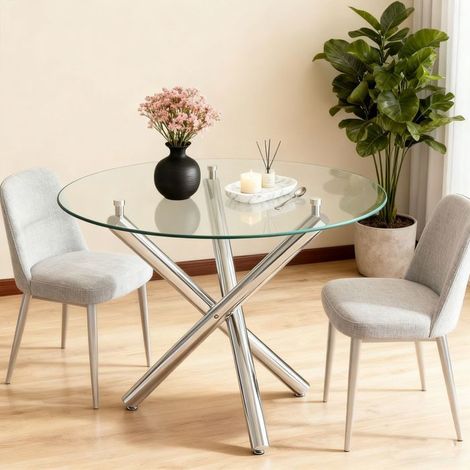 Table à Manger 80 x 80 x 76 cm forme ronde plateau en verre trempé pieds en métal style moderne minimaliste (1/5)