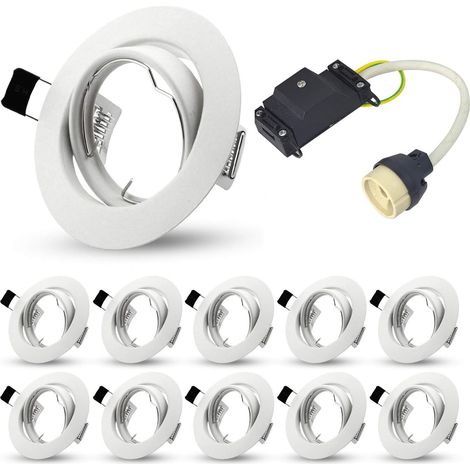 Conjunto focos empotrables GU10, marcos de montaje para focos empotrables, casquillos cerámicos GU10 con conectores automáticos, 230V, Blanco, Redondo, Ø 75 mm, paquete de 10 (1/5)