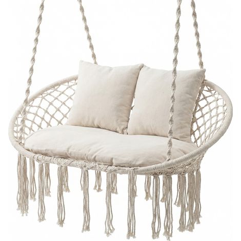 Fauteuil Suspendu 2 Personnes, Chaise Hamac Suspendu Macramé avec Coussins, Cadre Métallique, Style Bohème, pour Jardin, Terrasse, Charge 250 kg (1/5)