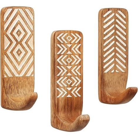 Dekorative selbstklebende Wandhaken aus Holz im indisch-bohemischen Stil zum Aufhängen von Kleidung 3 Haken 6 wasserfeste rostfreie Kleiderhaken (1/5)
