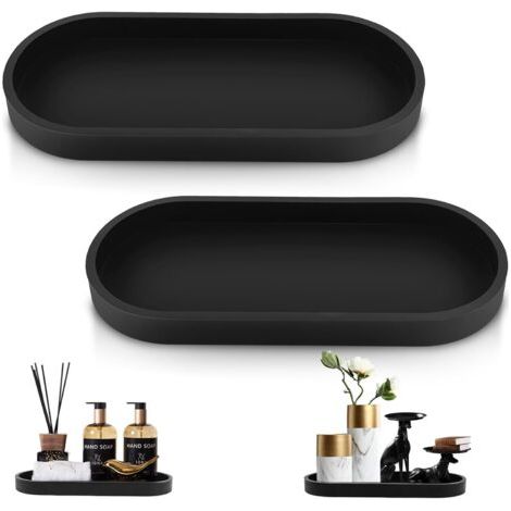 QORVA-Lot de 2 plateaux décoratifs en silicone noir pour salle de bain, coiffeuse, petit plateau pour salon, chambre à coucher, lavabo, baignoire et évier de cuisine (ovale)