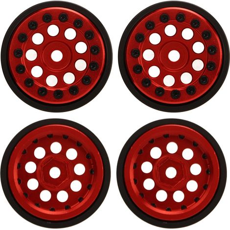 Jante Alliage 4 Pièces 1 Pouce pour Modèles RC 1/24 FMS FCX24, 9 Trous Ronds, Rouge (1/5)