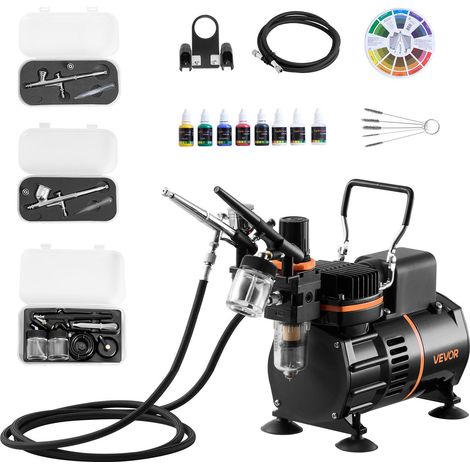 Kit Aérographe avec Compresseur d’Air 1/6 HP, Compresseur Aérographe avec 3 Pistolets à Double Action,3 Buses, Tuyau, Peinture Acrylique, 2 Ventilateurs, Décoration Pâtisserie Onglerie (1/5)