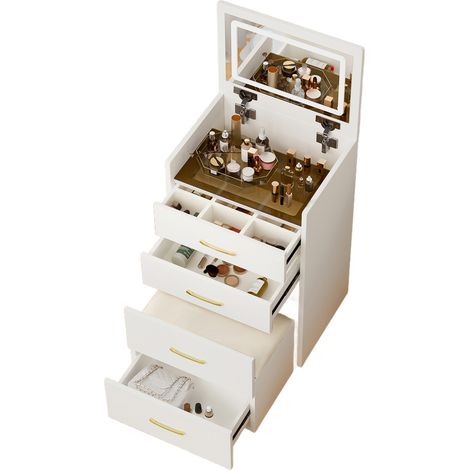 ELVMI Toeletta Angolare 3 in 1 con Cassetti, Specchio Ribaltabile e Piano in Vetro, per Camera da Letto, in MDF Bianco, 60 x 40 x 118 cm (1/5)