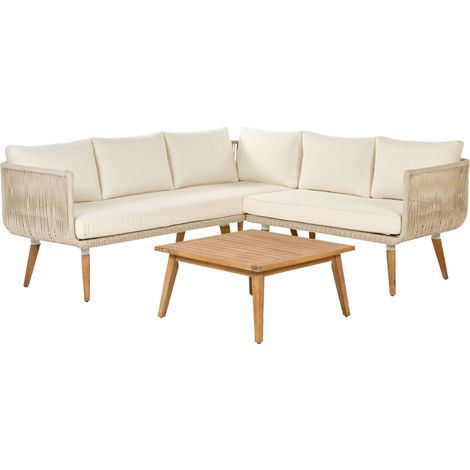 Set da Giardino Divano Angolare Grigio Schienale con Tavolo in Legno D'Acacia Beige Alcamo (1/5)