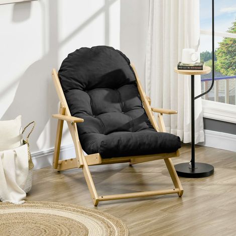 Poltrona relax in legno pieghevole e reclinabile, comoda poltrona con spesso cuscino imbottito. (1/5)