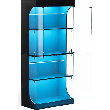 Vitrine en verre noire à 4 niveaux avec LED, détecteur de mouvement et station de recharge USB 80x35x165 cm (1/5)