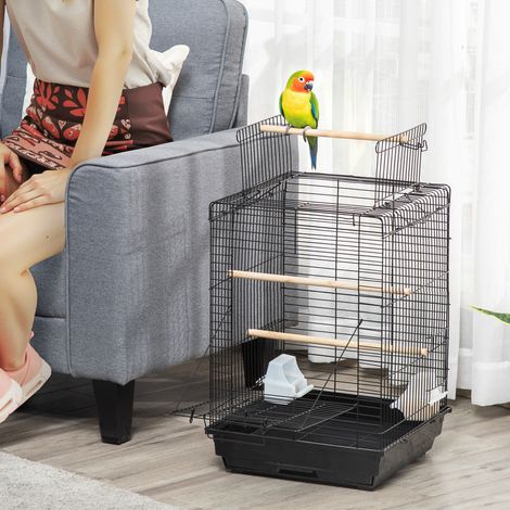 Cage Oiseaux Toit Pliant Perchoirs Mangeoires Plateau Amovible Animaux Compagnie Noir 40x40x59cm (1/4)
