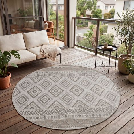 Paco Home Tapis Intérieur & Extérieur Balcon Terrasse Cuisine Motif Ethnique Boho Moderne 200 cm rond, Beige 2 (1/5)