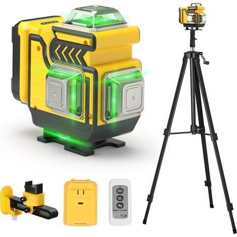 Niveau Laser avec Trepied - cjumel 4 x 360° Vert Autonivelant Niveaux Laser Chantier, 4D 16 Lignes Rotatif Laser Level en Croix avec 1.6 M Trépied, Batterie 5400mAh, Télécommande