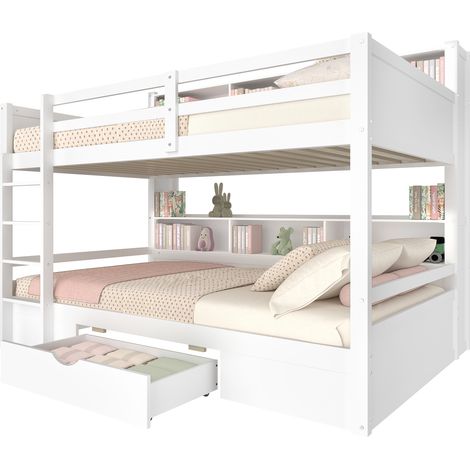 Lit Superposé 90x200cm - En Bois avec Étagères & Tiroir - Pour Enfant, Chambre - Blanc (1/5)