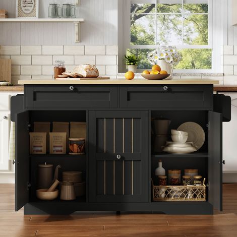 Îlot de cuisine mobile avec plateau rabattable, desserte et meuble de rangement, avec tiroirs verticaux à 2 niveaux, 2 grands tiroirs et roulettes verrouillables, 120 × 45 (70) × 92 cm (1/5)
