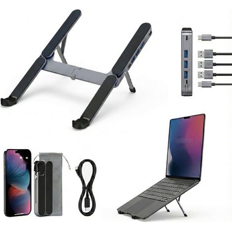 Supporto per laptop ultracompatto con hub USB a 4 porte, pieghevole e portatile per viaggi, biblioteca, casa e ufficio, in alluminio ergonomicamente regolabile in 6 direzioni. (1/5)