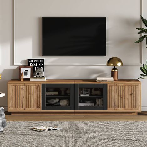 Meuble tv 180x40x45 cm en bois naturel et noir avec éclairage led, 2 caissons, pour tv jusqu’à 75 pouces (1/5)