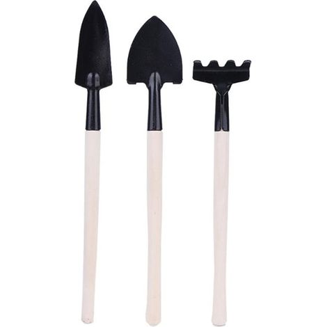 Set di 3 attrezzi da giardino manuali con manici in legno: pala, vanga, rastrello, cazzuola - mini giardino