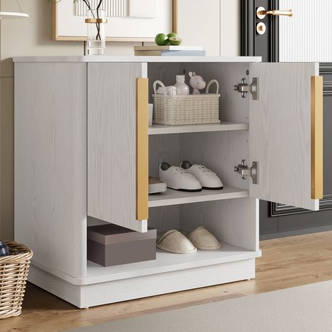 Mueble zapatero frentes a rayas verticales diseño elegante almacenamiento modular MDF 60x40x61cm manijas doradas color blanco (1/5)