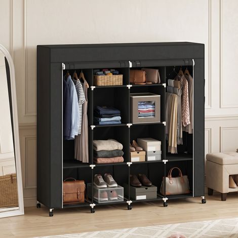 Armoire Penderie Tissu Mobile 10 Roulettes, 10 Compartiments, Barres de Suspension, Noir (1/5)