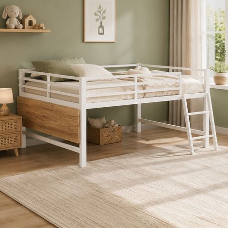 Bett aus Metall Weiß 140x200 cm mit klappbarem Schreibtisch, Leiter, Schutzgitter und LED (1/5)