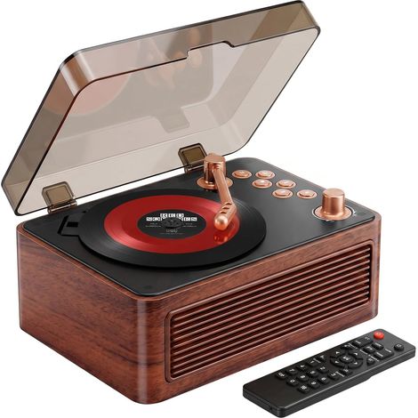 Portable Bluetooth CD Player with Speakers 3600mAh Rechargeable Vintage for Home, Retro Walnut Wood CD Player FM Radio with Remote Control, USB AUX Plug for Audiobooks (1/5)
