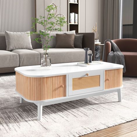 Table basse en rotin avec tiroirs et 2 portes Pieds en bois massif Dimensions 124x64x14 cm Style moderne et naturel (1/5)