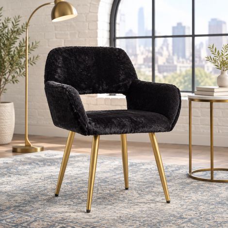 Silla de comedor 59x46x79 cm de tela de felpa negra con reposabrazos moderna-FLORAGRACE (1/5)