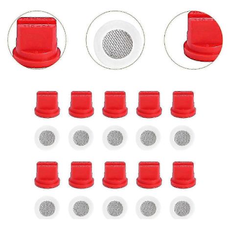 10er-Packung: Düsen + Filter — 110° Flachstrahl-Kunststoffdüsen (0,4 mm Öffnung, rot)