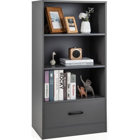 COSTWAY Libreria in Legno con Cassetto, Scaffale di Stoccaggio a 4 Livelli, Scaffale Espositivo per Casa Studio e Soggiorno, 60 x 38 x 120 cm (Grigio) (1/5)