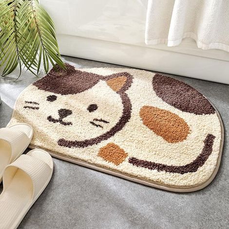 Tapis de bain beige antidérapant à motif chat - les toilettes et les seuils de porte. Facile à nettoyer. Dimensions : 45 x 65 cm - doux et absorbant (1/5)